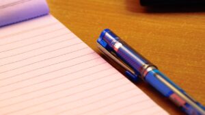 notepad, blue, pen